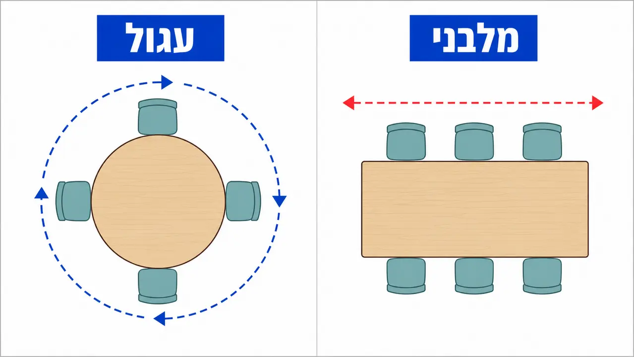 השוואה בין שולחן עגול למלבני לאירוח וזרימת תנועה