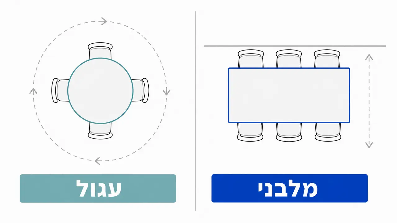 השוואה בין שולחן עגול למלבני בחלל צפוף