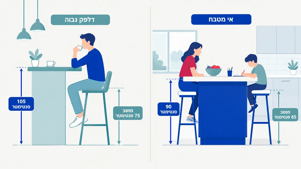 אי מטבח מול דלפק בר גבוה והגבהים המתאימים לכל אחד