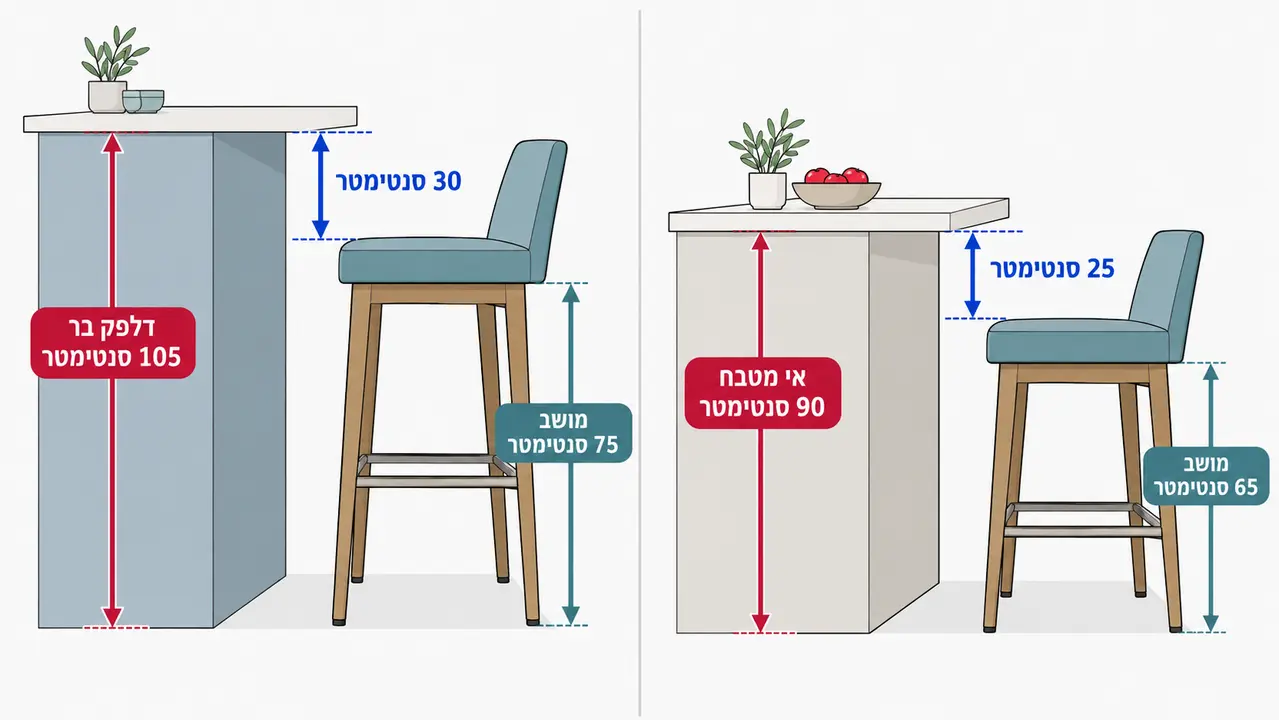 השוואת גובה מושב 65 ו-75 סנטימטרים לסוגי דלפקים שונים